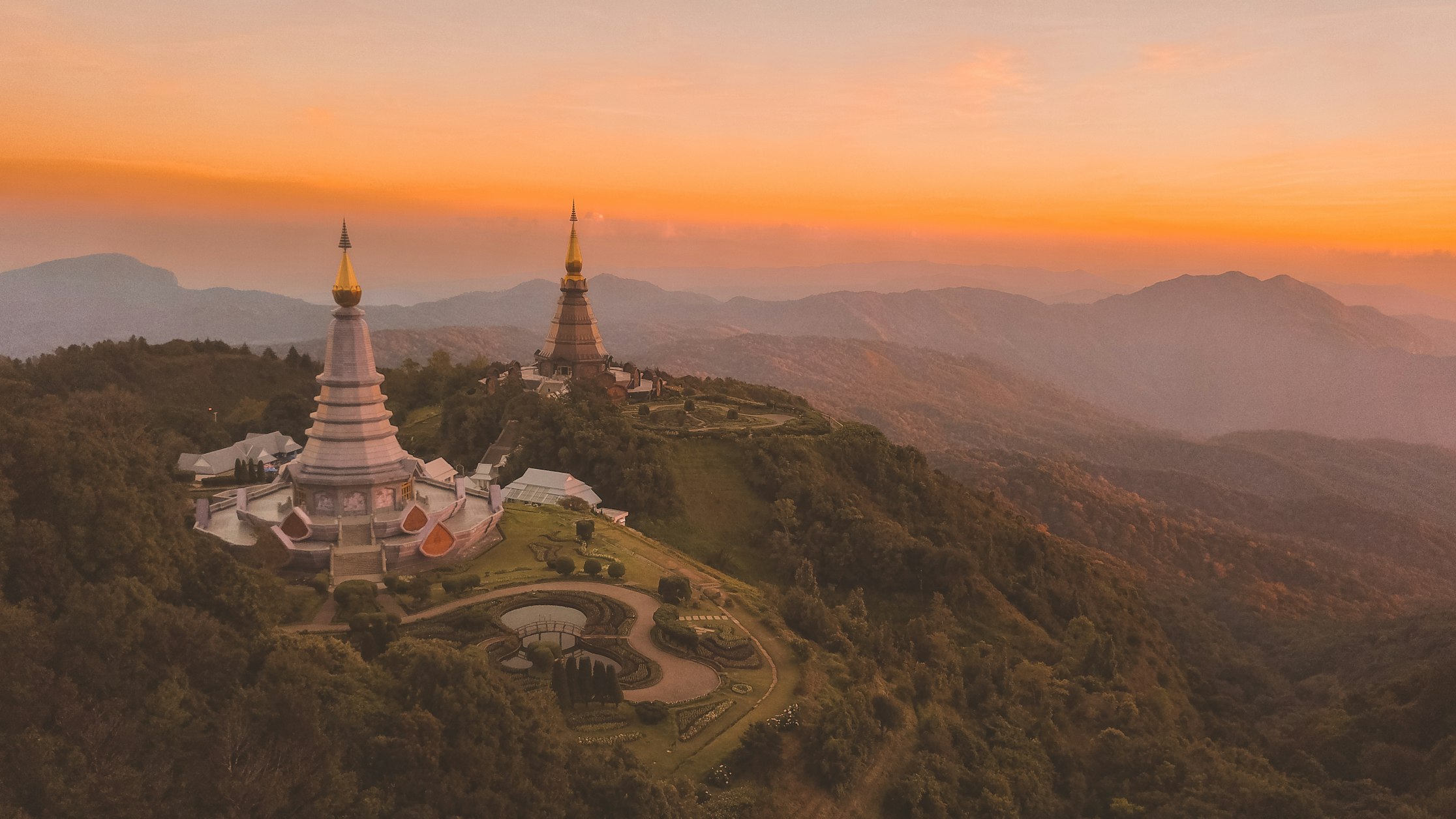 The twin royal pagodas atop Doi Inthanon at sunset in the cool season