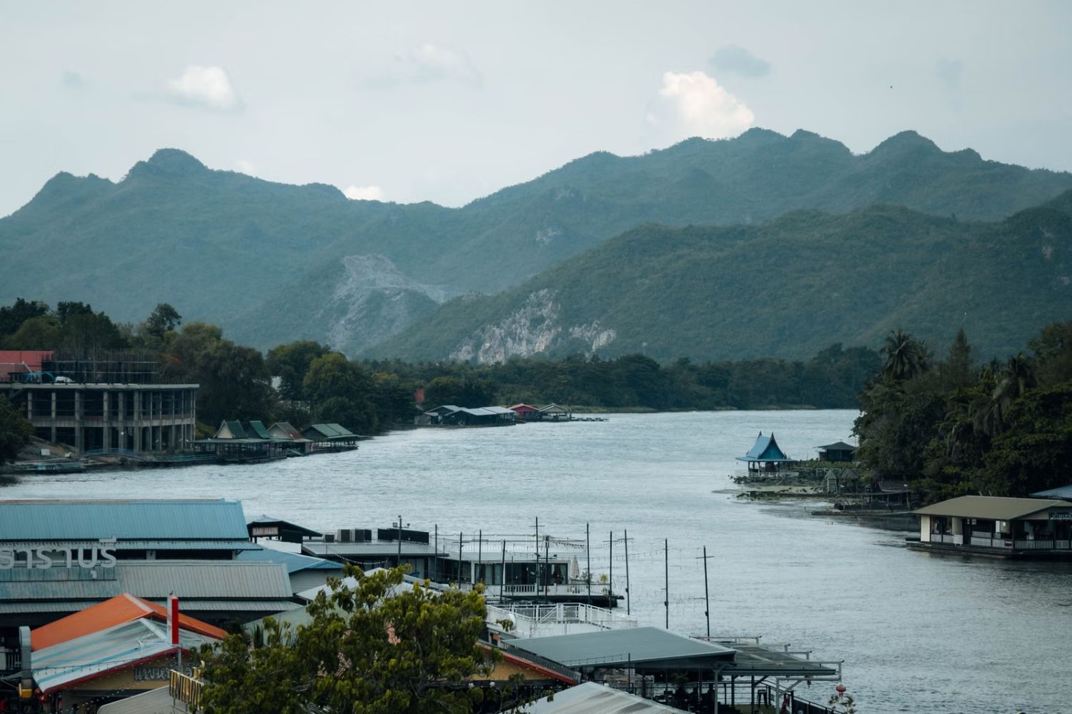 Riverside town and hills along the River Kwai, Kanchanaburi