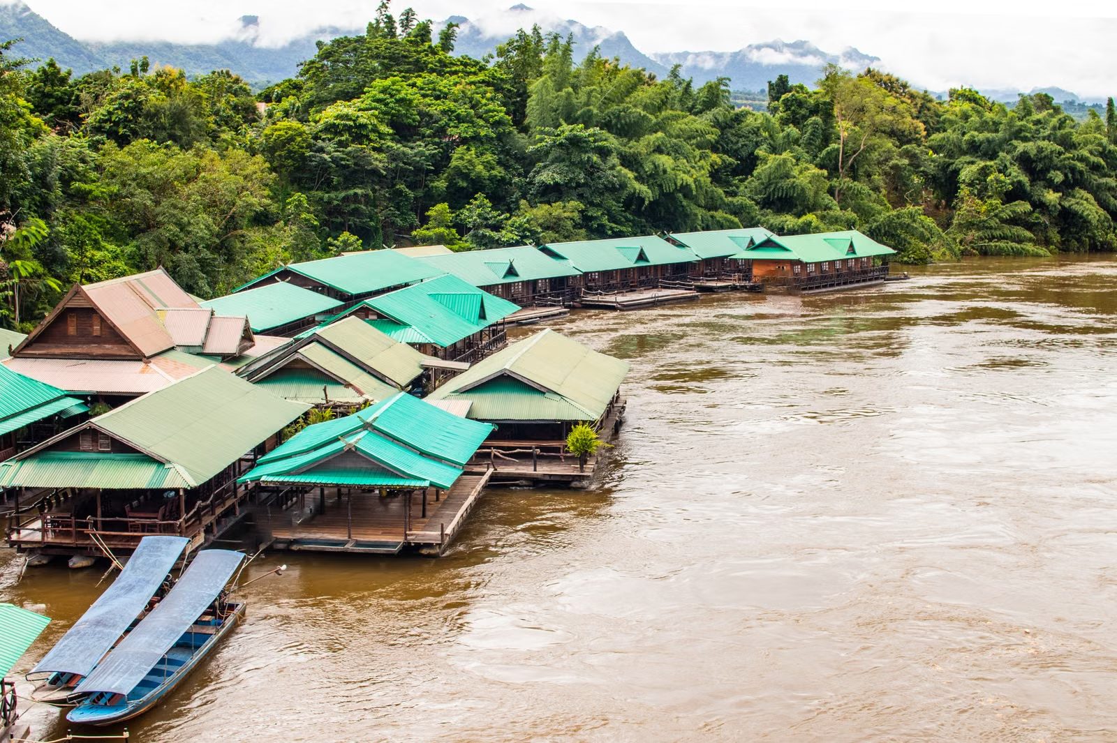Floating raft-house guesthouses on the River Kwai