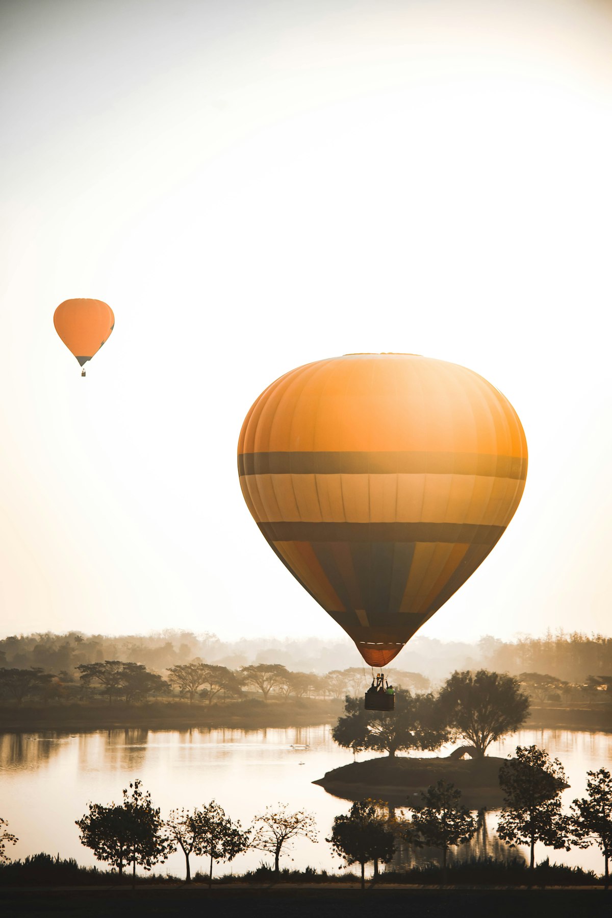 Hot air balloons drifting over a misty lake at dawn near Chiang Rai
