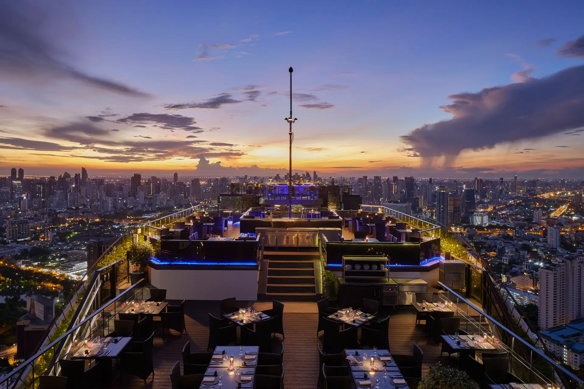 The open-air prow-shaped deck of Vertigo & Moon Bar at Banyan Tree