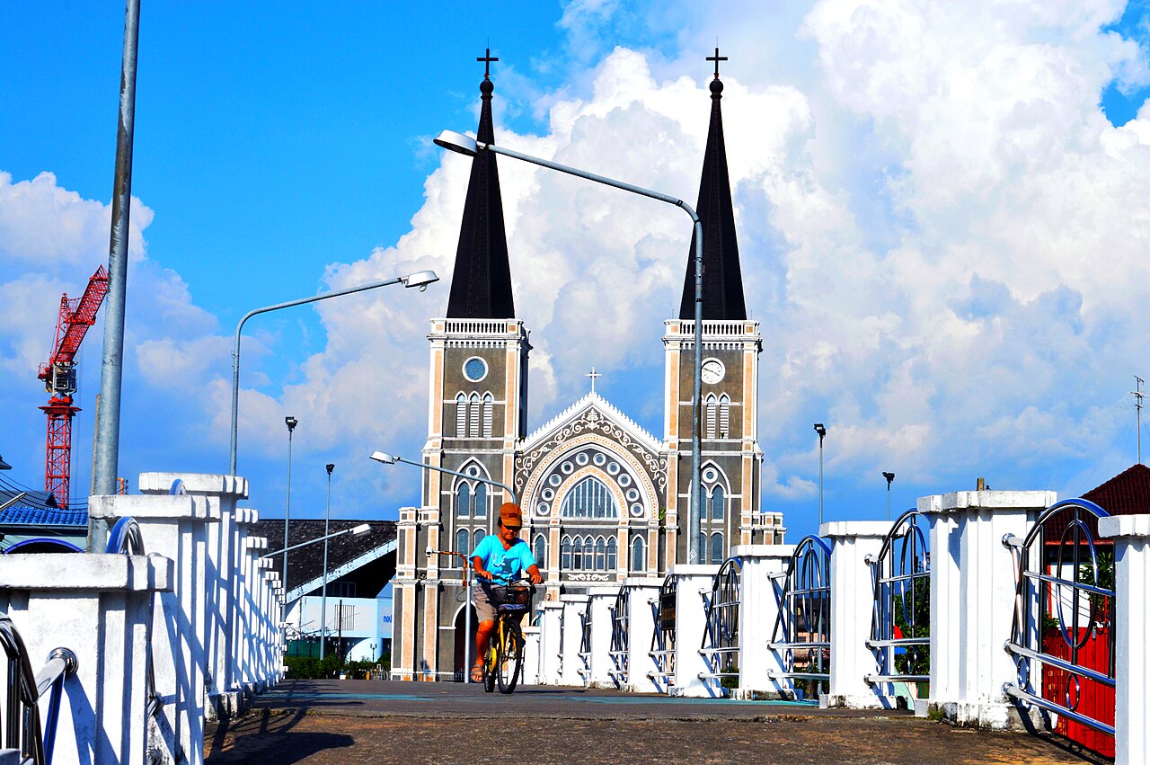 The Gothic spires of Chanthaburi cathedral above the riverside old town