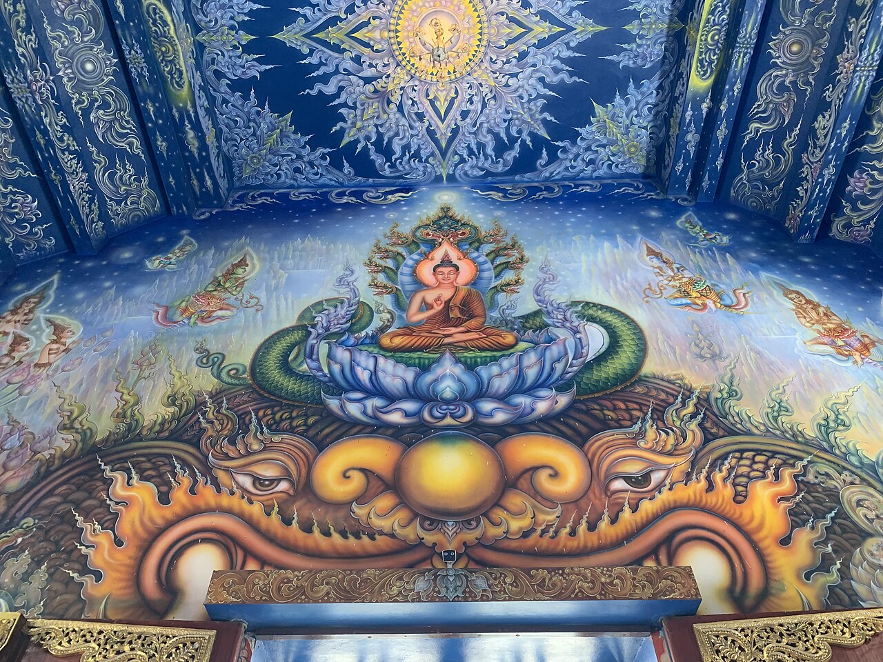 Wat Rong Suea Ten, the Blue Temple, interior in deep blue and gold